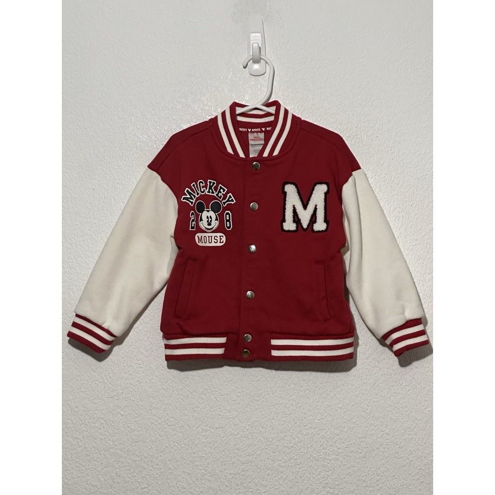 Disney Mickey Mouse Fleece Varsity Jacket Kids 4T Red Snap Front And Back Mickey